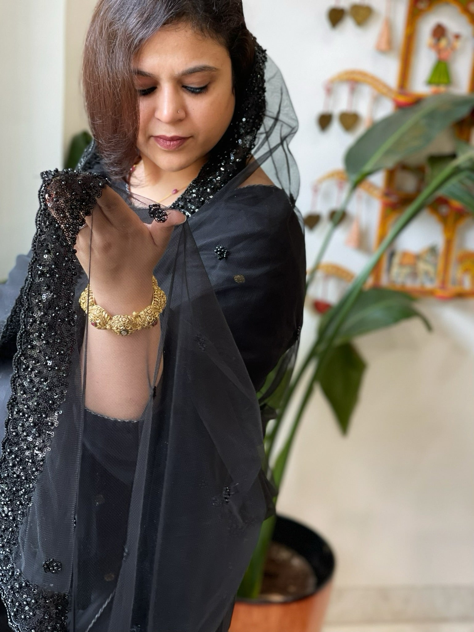 Black Net Dupatta with Sequin and Pearl Embroidery - Masakalee