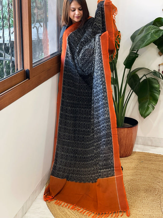 Black, Orange Handwoven Ikat Dupatta in Cotton - Masakalee