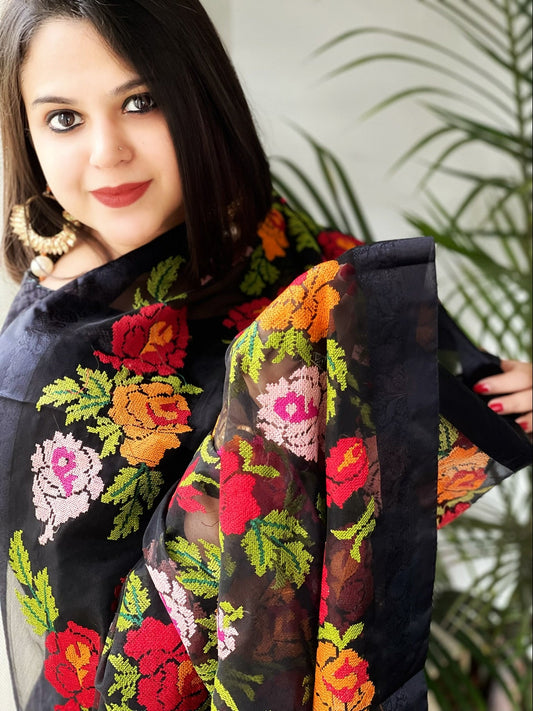 Black Organza Dupatta with cross - stitch embroidery - Masakalee