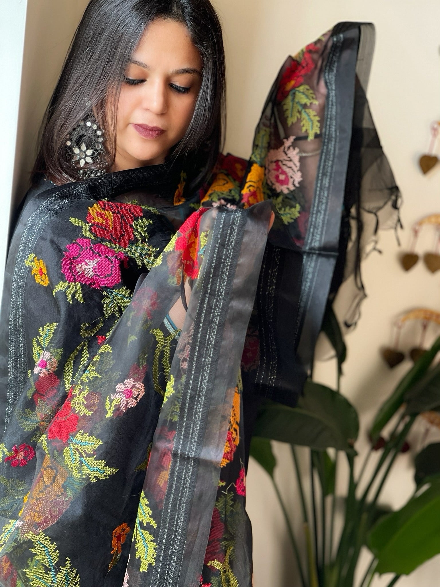 Black Organza Dupatta with cross - stitch embroidery - Masakalee