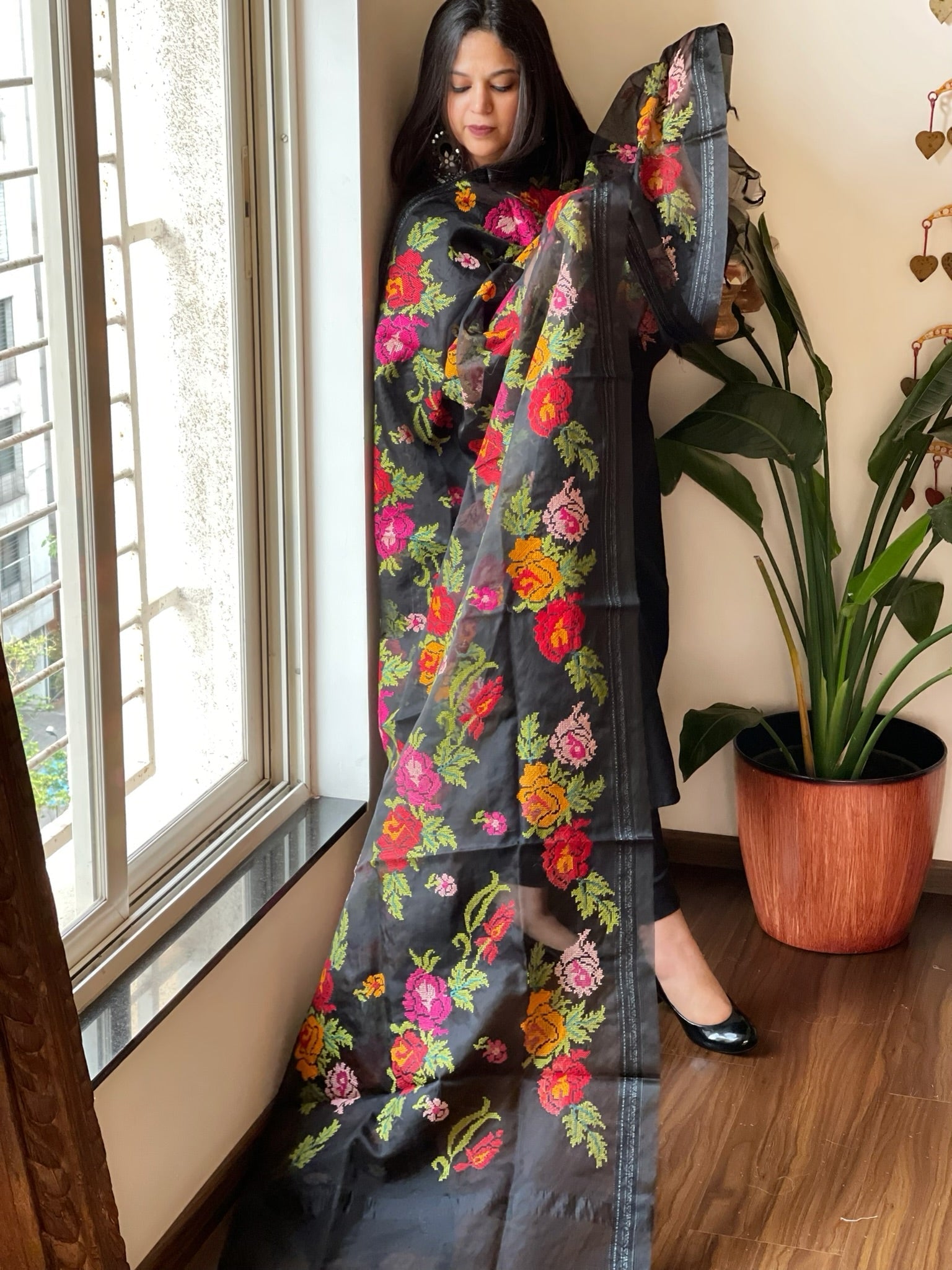 Black Organza Dupatta with cross - stitch embroidery - Masakalee