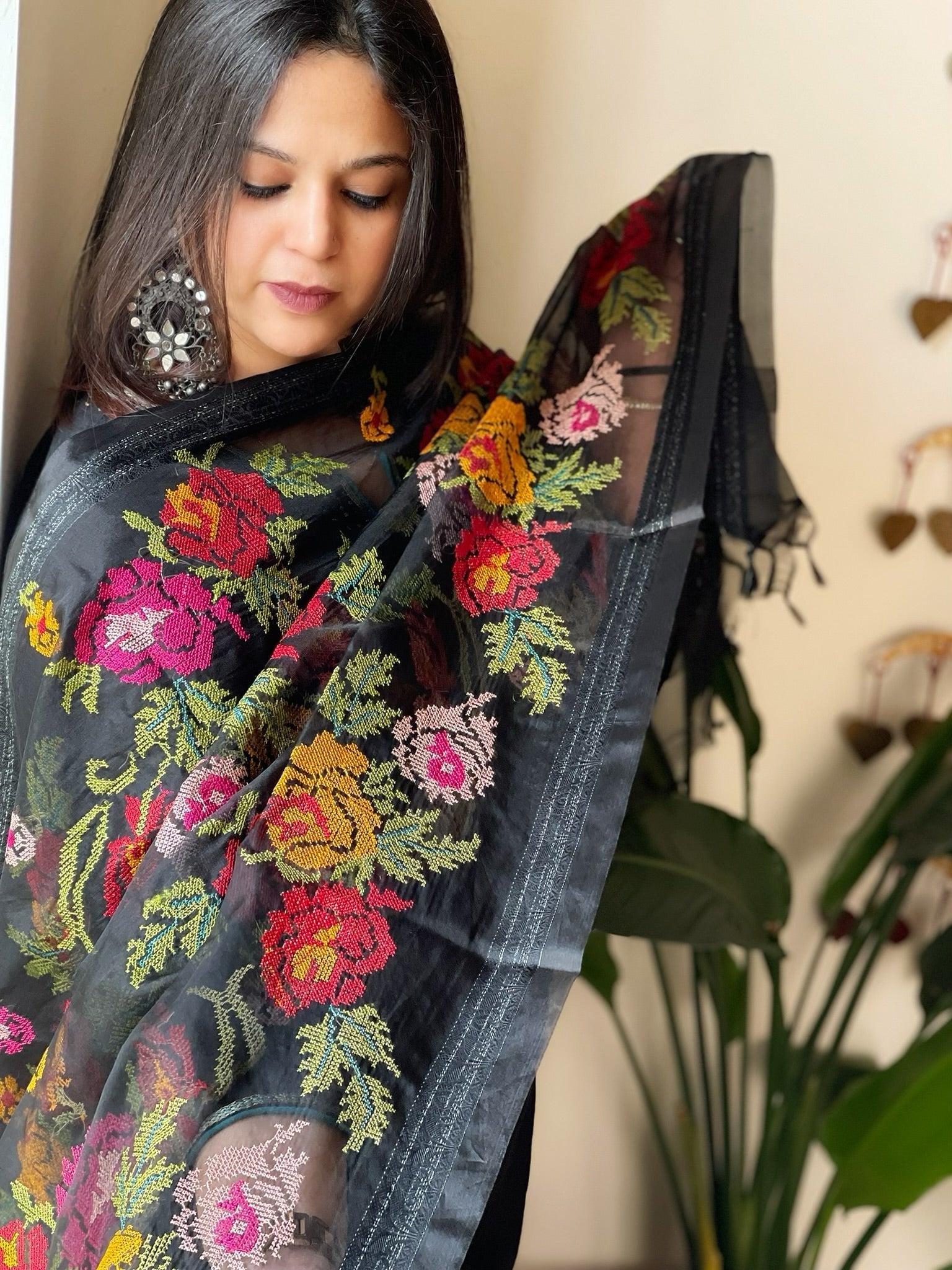 Black Organza Dupatta with cross - stitch embroidery - Masakalee