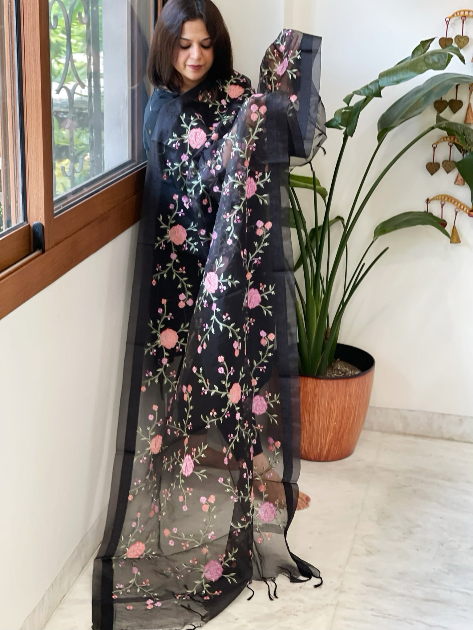 Black Organza Dupatta with Thread Embroidery - Masakalee