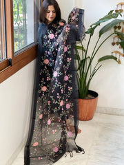 Black Organza Dupatta with Thread Embroidery - Masakalee