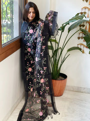 Black Organza Dupatta with Thread Embroidery - Masakalee