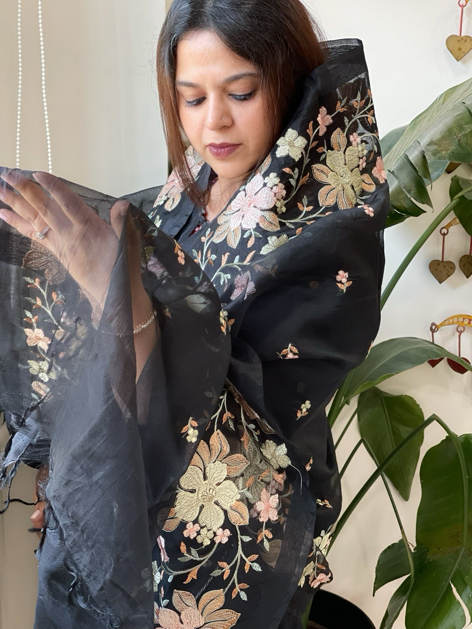 Black Organza Dupatta with Thread Embroidery - Masakalee