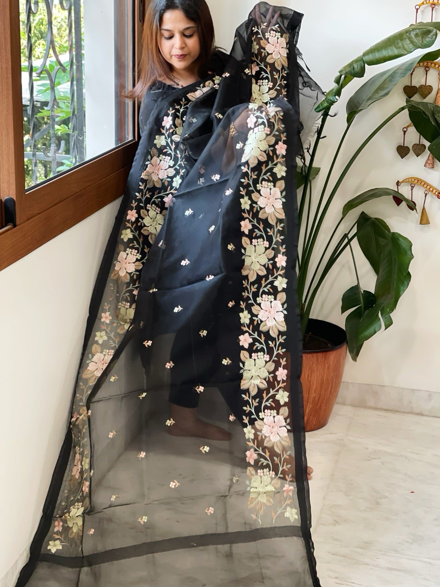 Black Organza Dupatta with Thread Embroidery - Masakalee