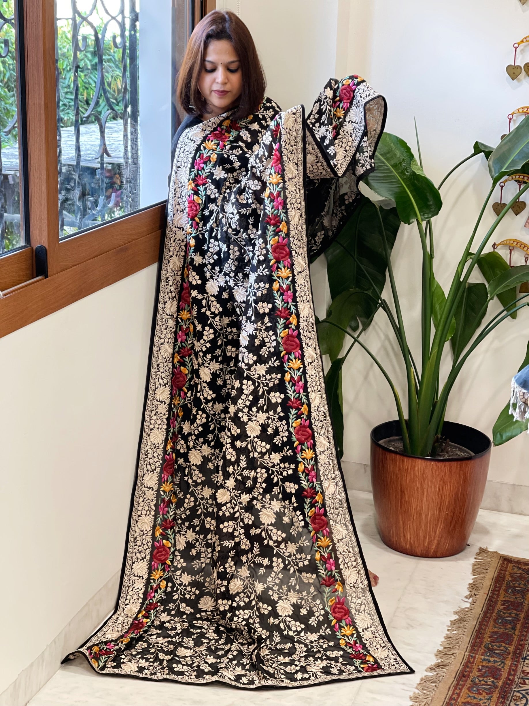 Black Parsi Gara Embroidery Dupatta in Georgette - Masakalee