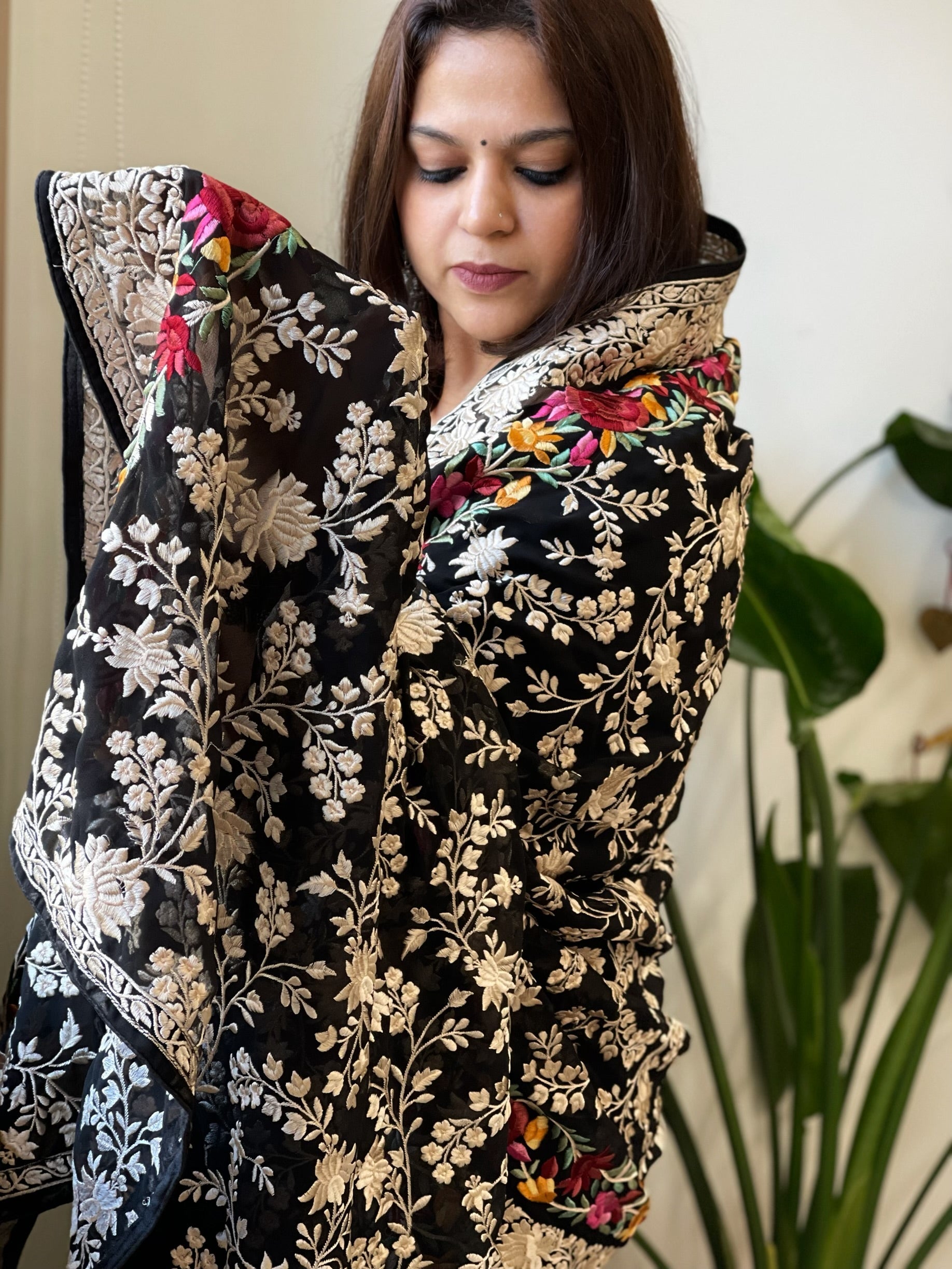 Black Parsi Gara Embroidery Dupatta in Georgette - Masakalee