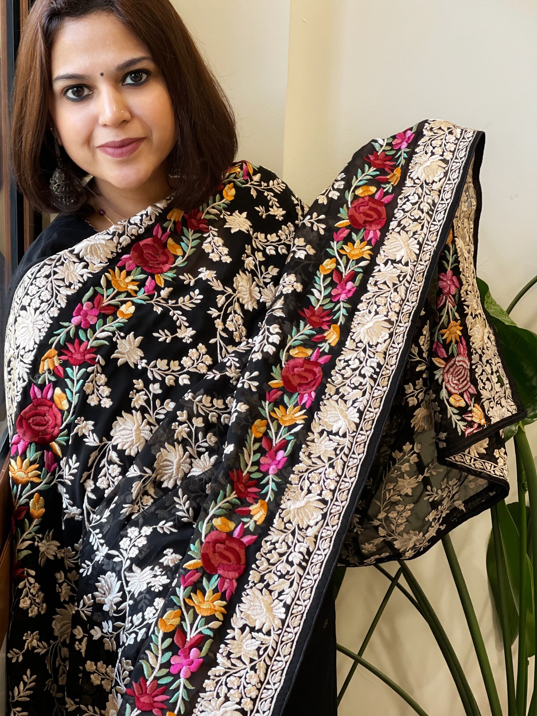 Black Parsi Gara Embroidery Dupatta in Georgette - Masakalee