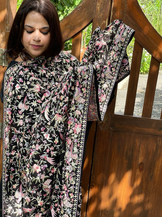 Black Pink Parsi Gara Embroidery Dupatta in Georgette - Masakalee