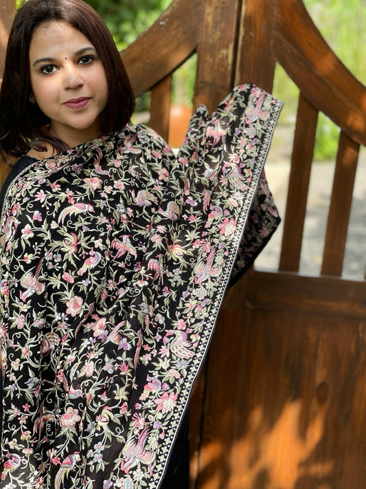 Black Pink Parsi Gara Embroidery Dupatta in Georgette - Masakalee