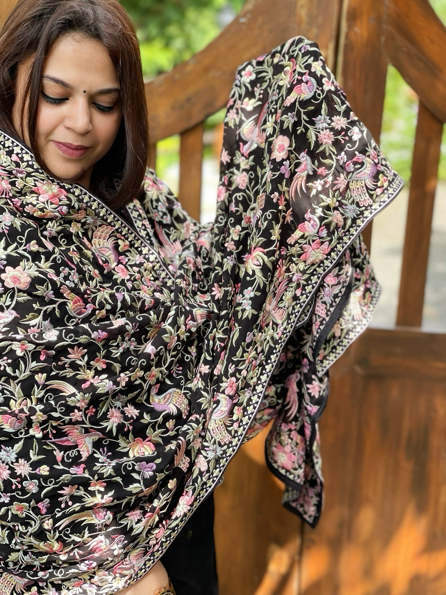Black Pink Parsi Gara Embroidery Dupatta in Georgette - Masakalee