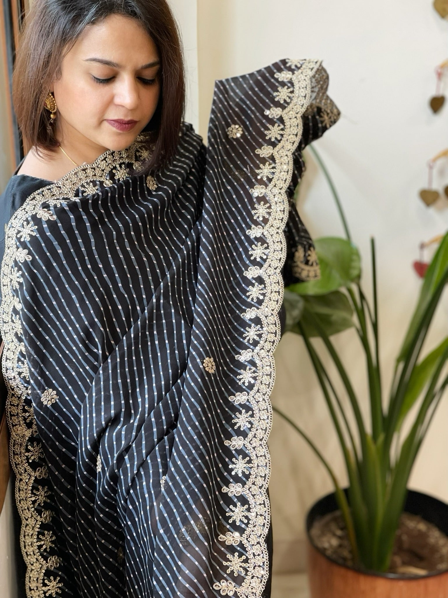 Black Printed Viscose Georgette Leheriya Dupatta with Gold Thread & Sequin Embroidered Border - Masakalee