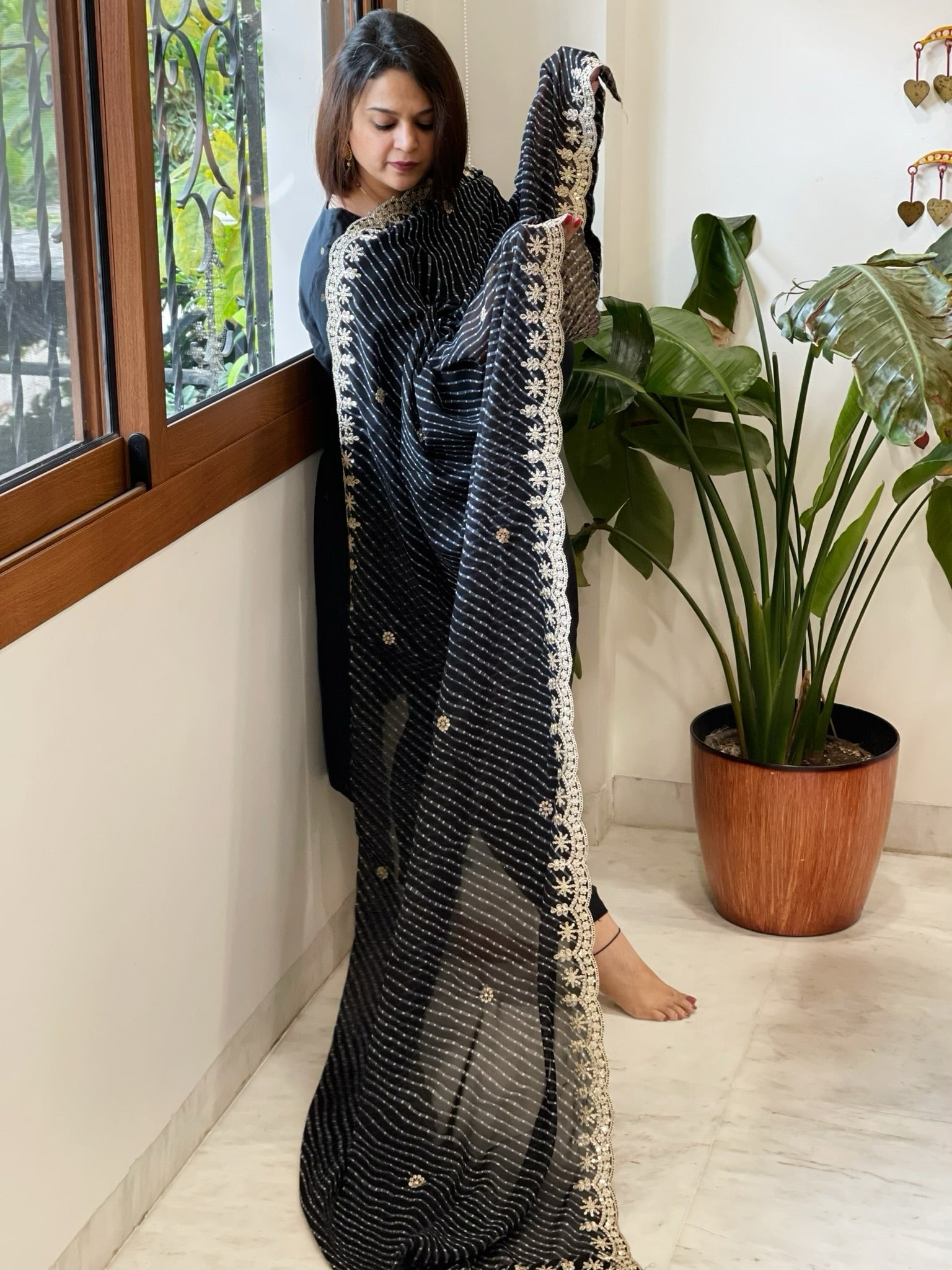 Black Printed Viscose Georgette Leheriya Dupatta with Gold Thread & Sequin Embroidered Border - Masakalee