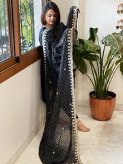 Black Printed Viscose Georgette Leheriya Dupatta with Gold Thread & Sequin Embroidered Border - Masakalee