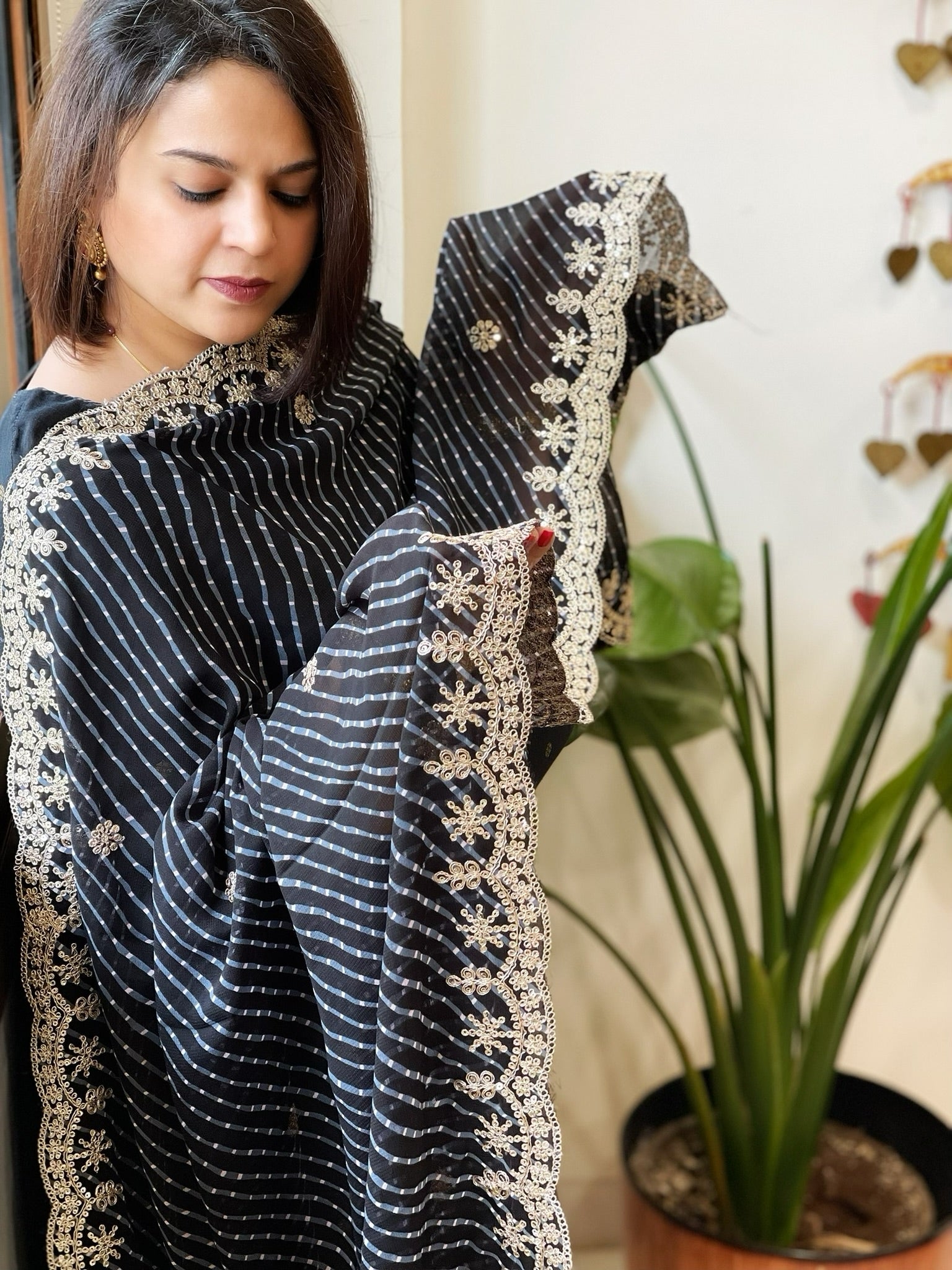 Black Printed Viscose Georgette Leheriya Dupatta with Gold Thread & Sequin Embroidered Border - Masakalee