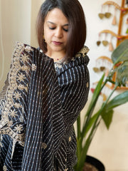 Black Printed Viscose Georgette Leheriya Dupatta with Gold Thread & Sequin Embroidered Border - Masakalee