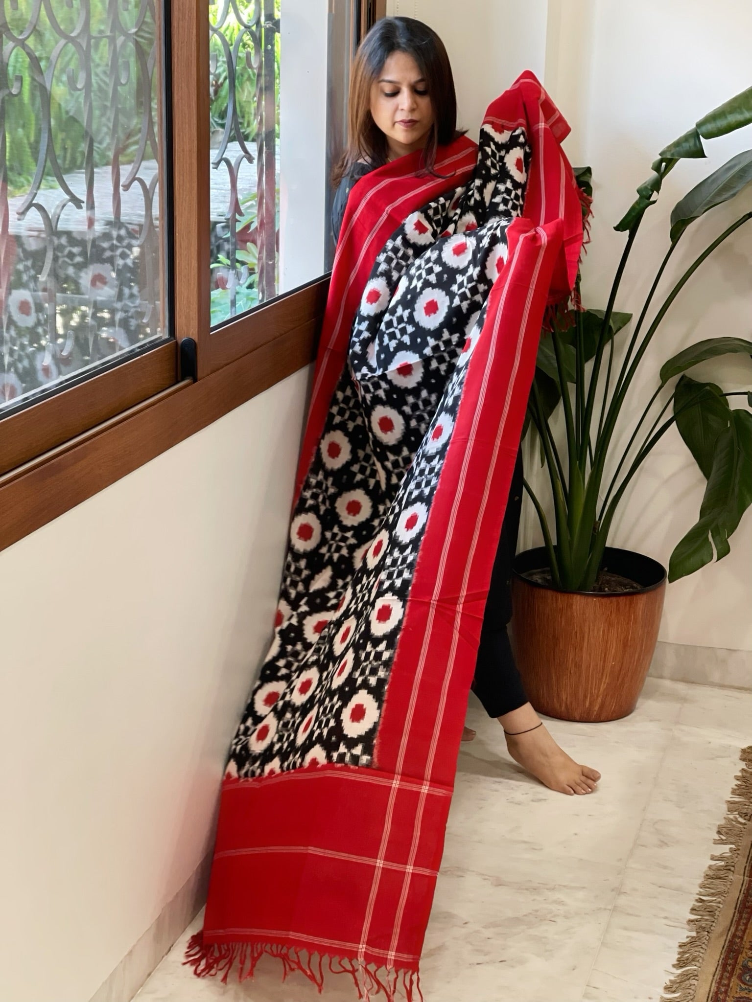 Black, Red Double Ikat Telia Rumal Dupatta in Cotton - Masakalee