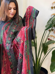 Black, Red Handmade Kantha Dupatta in Silk - Masakalee