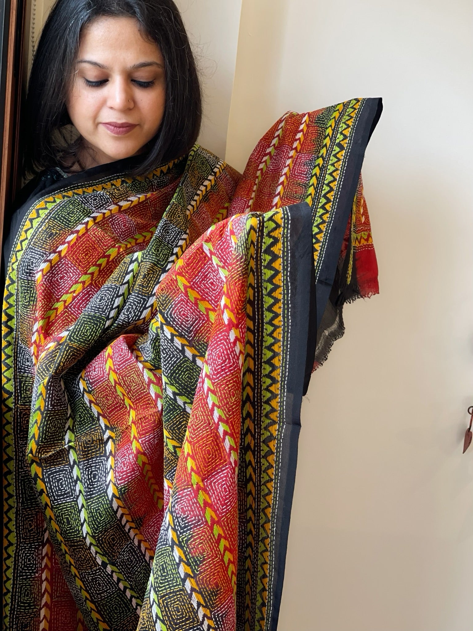 Black, Red Handmade Kantha Dupatta in Silk - Masakalee