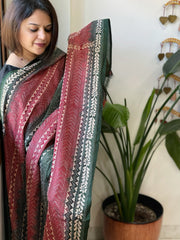 Black, Red Handmade Kantha Dupatta in Silk - Masakalee