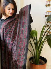 Black, Red Handmade Kantha Dupatta in Silk - Masakalee