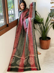 Black, Red Handmade Kantha Dupatta in Silk - Masakalee