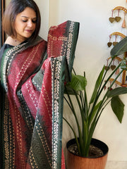 Black, Red Handmade Kantha Dupatta in Silk - Masakalee