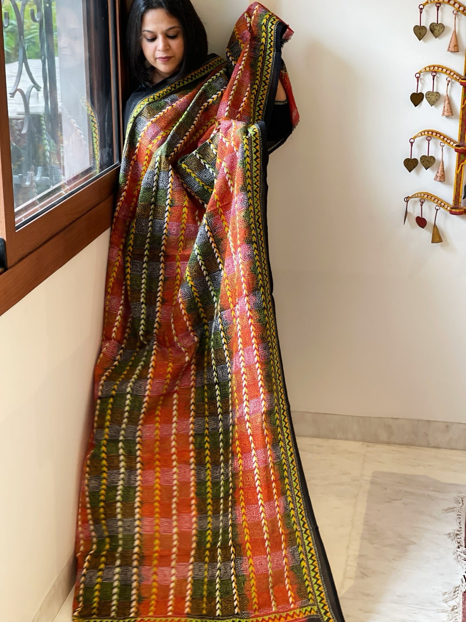Black, Red Handmade Kantha Dupatta in Silk - Masakalee