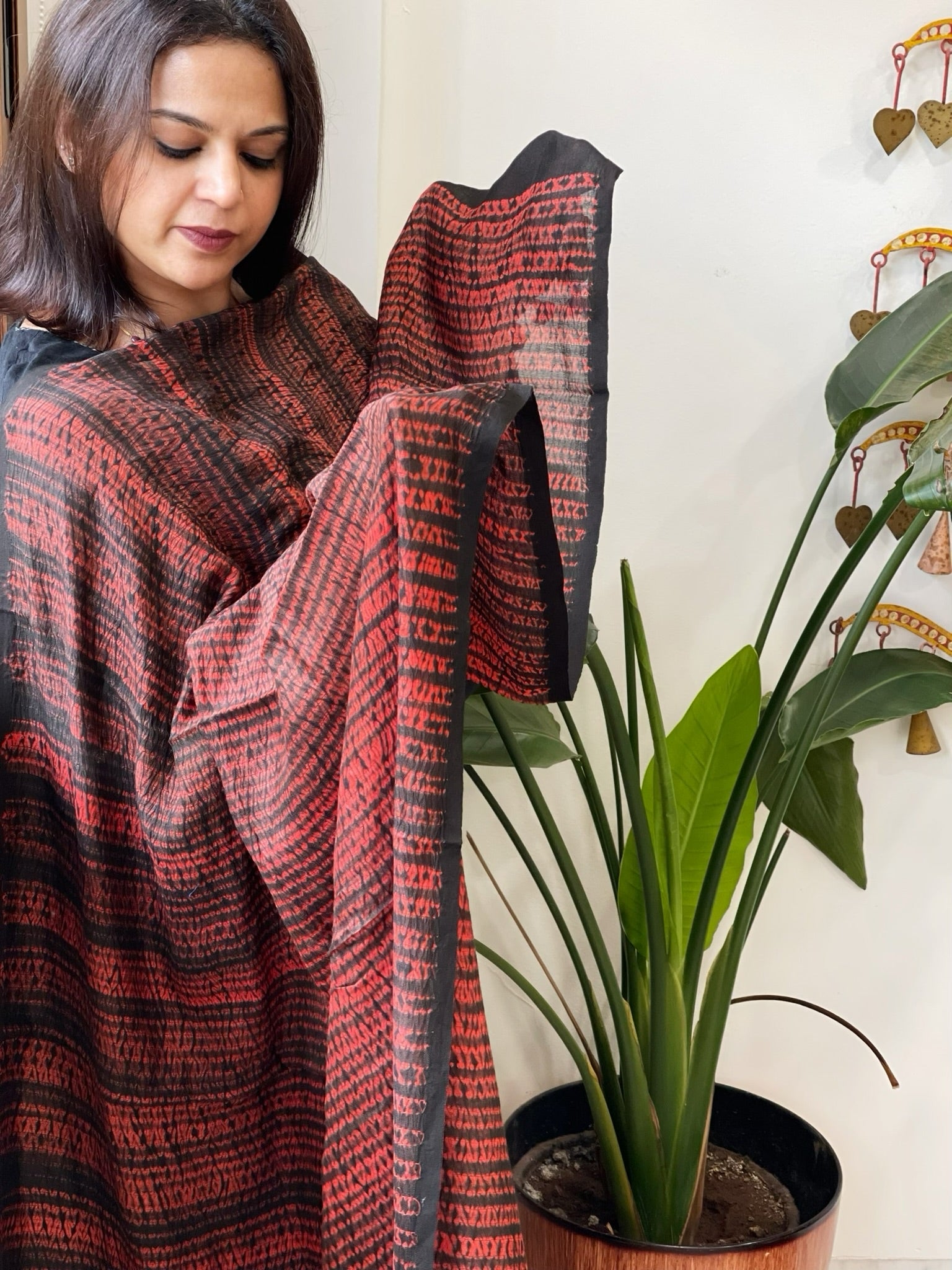 Black, Red Handmade Shibori Dupatta in Eri (Ahimsa) Silk - Masakalee