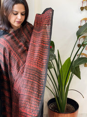 Black, Red Handmade Shibori Dupatta in Eri (Ahimsa) Silk - Masakalee