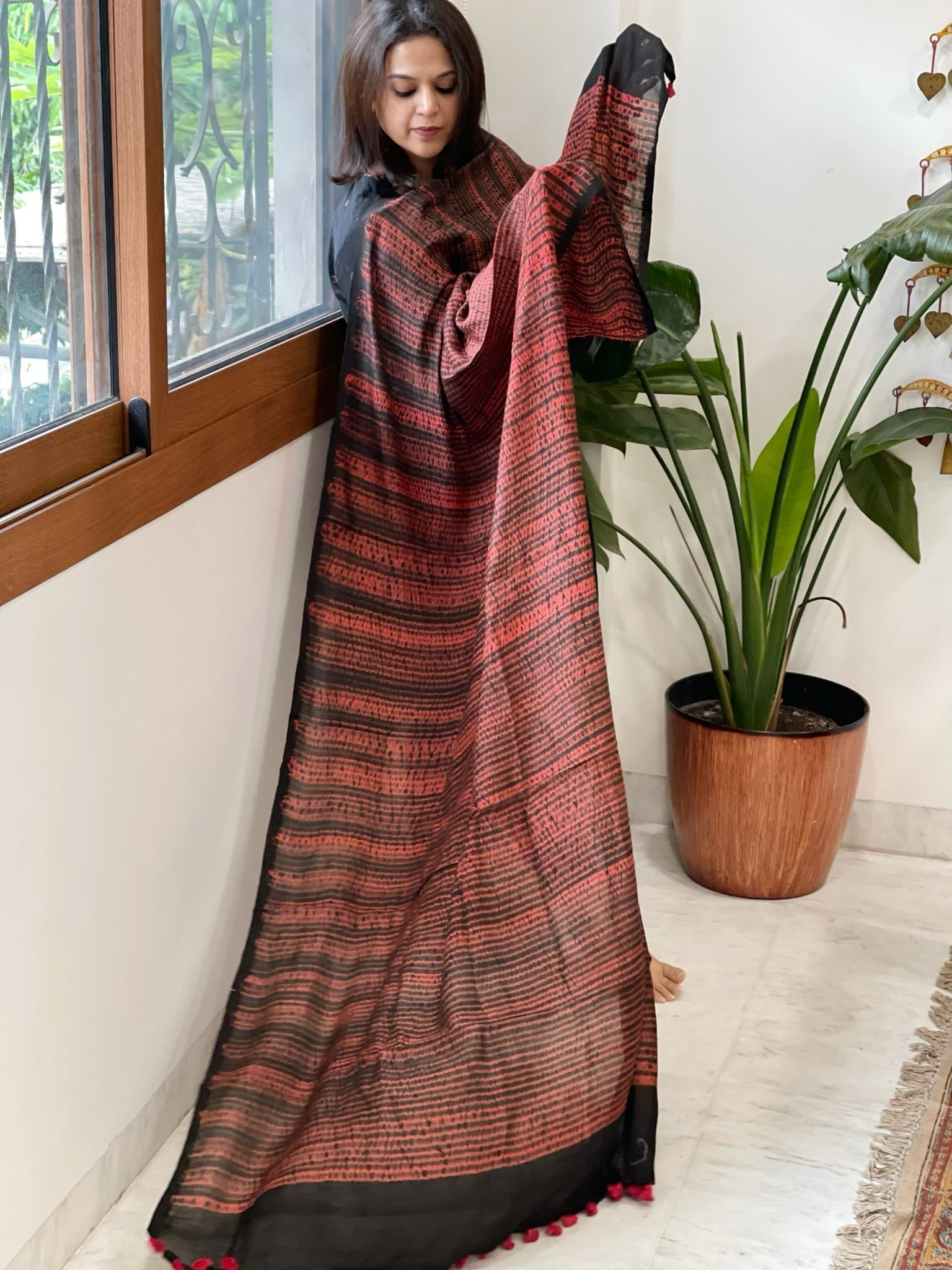Black, Red Handmade Shibori Dupatta in Eri (Ahimsa) Silk - Masakalee