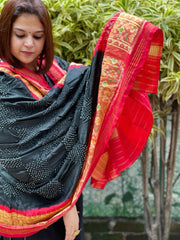 Black, Red Handwoven Patola with Rai Bandhej Dupatta in Pure Silk - Masakalee