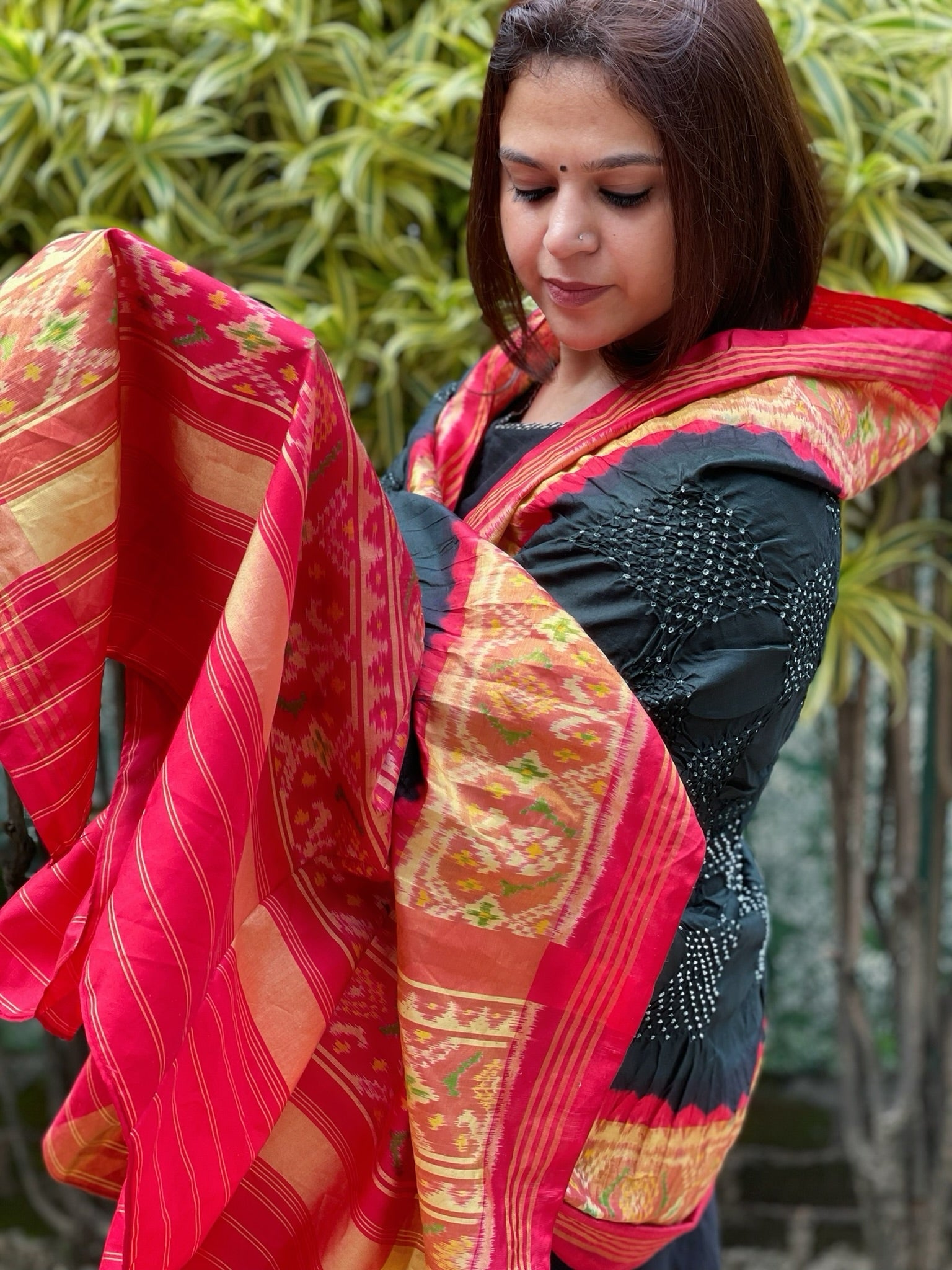 Black, Red Handwoven Patola with Rai Bandhej Dupatta in Pure Silk - Masakalee
