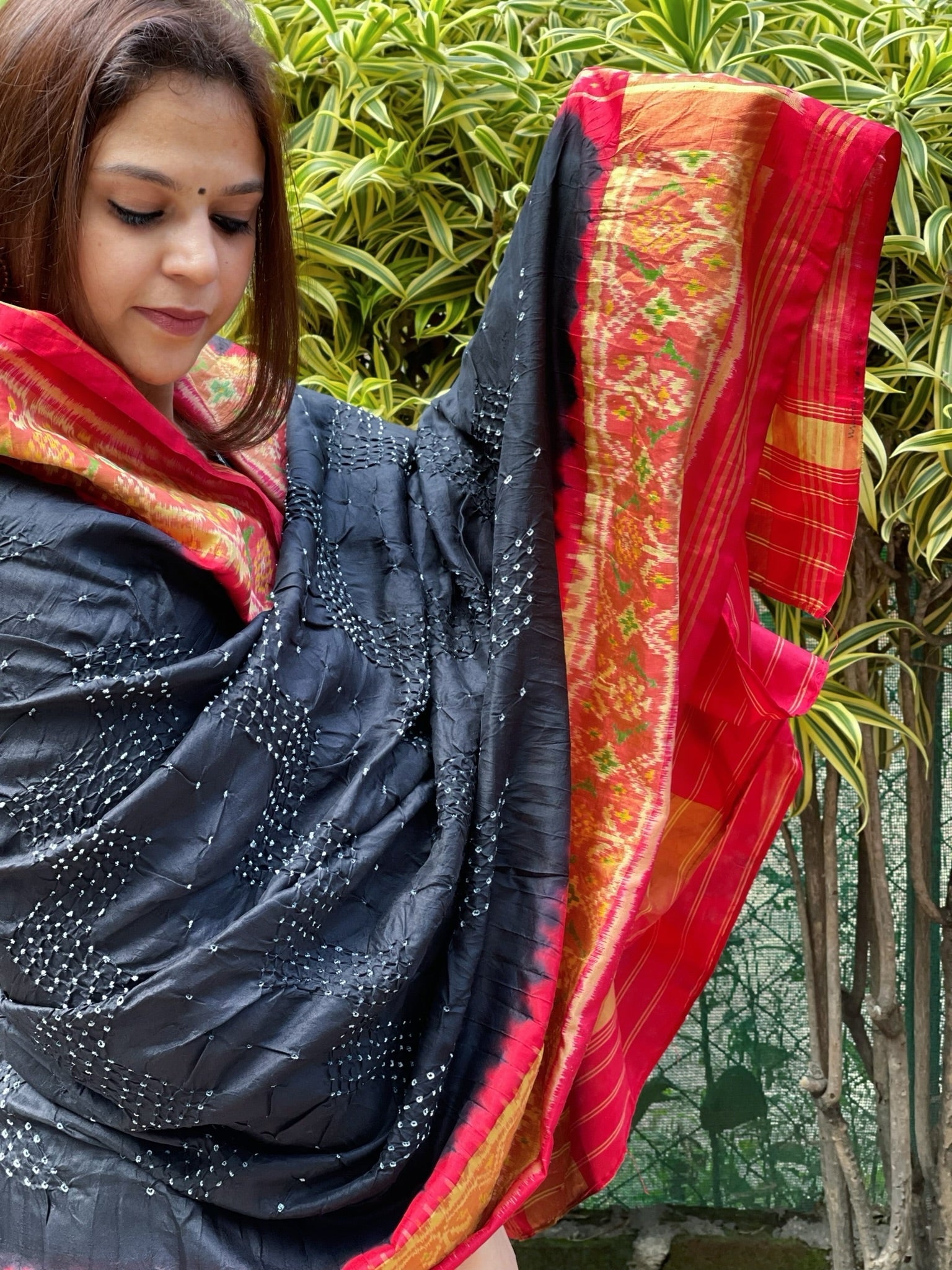 Black, Red Handwoven Patola with Rai Bandhej Dupatta in Pure Silk - Masakalee