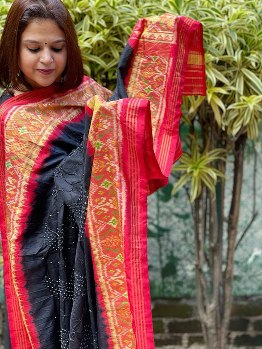 Black, Red Handwoven Patola with Rai Bandhej Dupatta in Pure Silk - Masakalee
