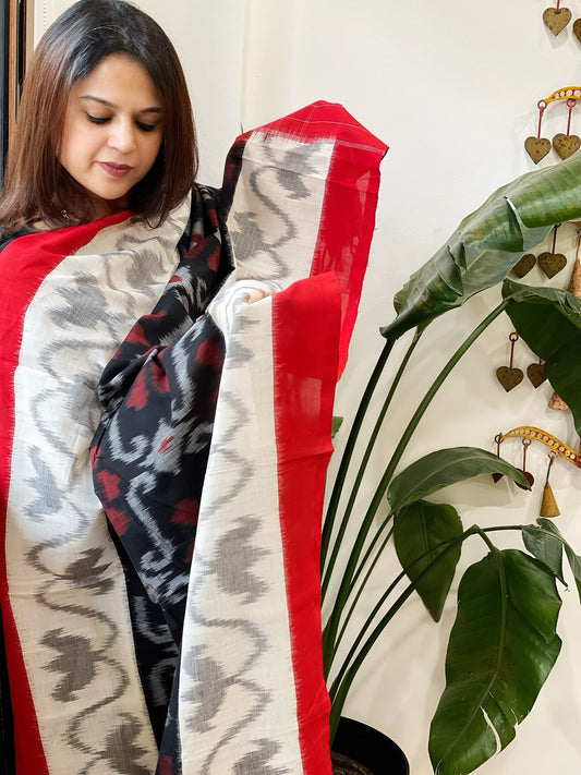 Black, Red, White Handwoven Ikat Dupatta in Cotton - Masakalee