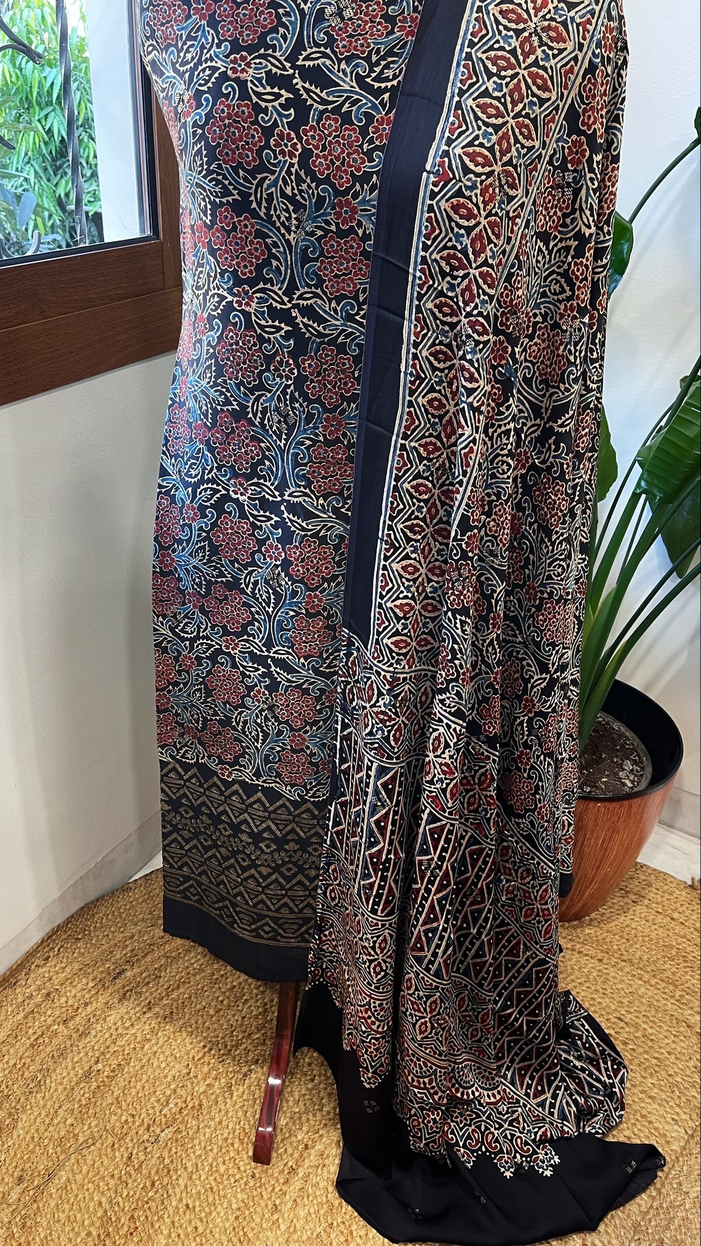 Black Suit Set with Ajrakh Handblock Print and Sequin Embroidery in Modal Silk - Masakalee