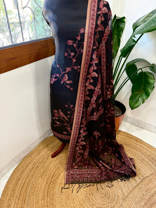 Black Suit Set with Handwoven Kaani and Zari in Pure Silk - Masakalee