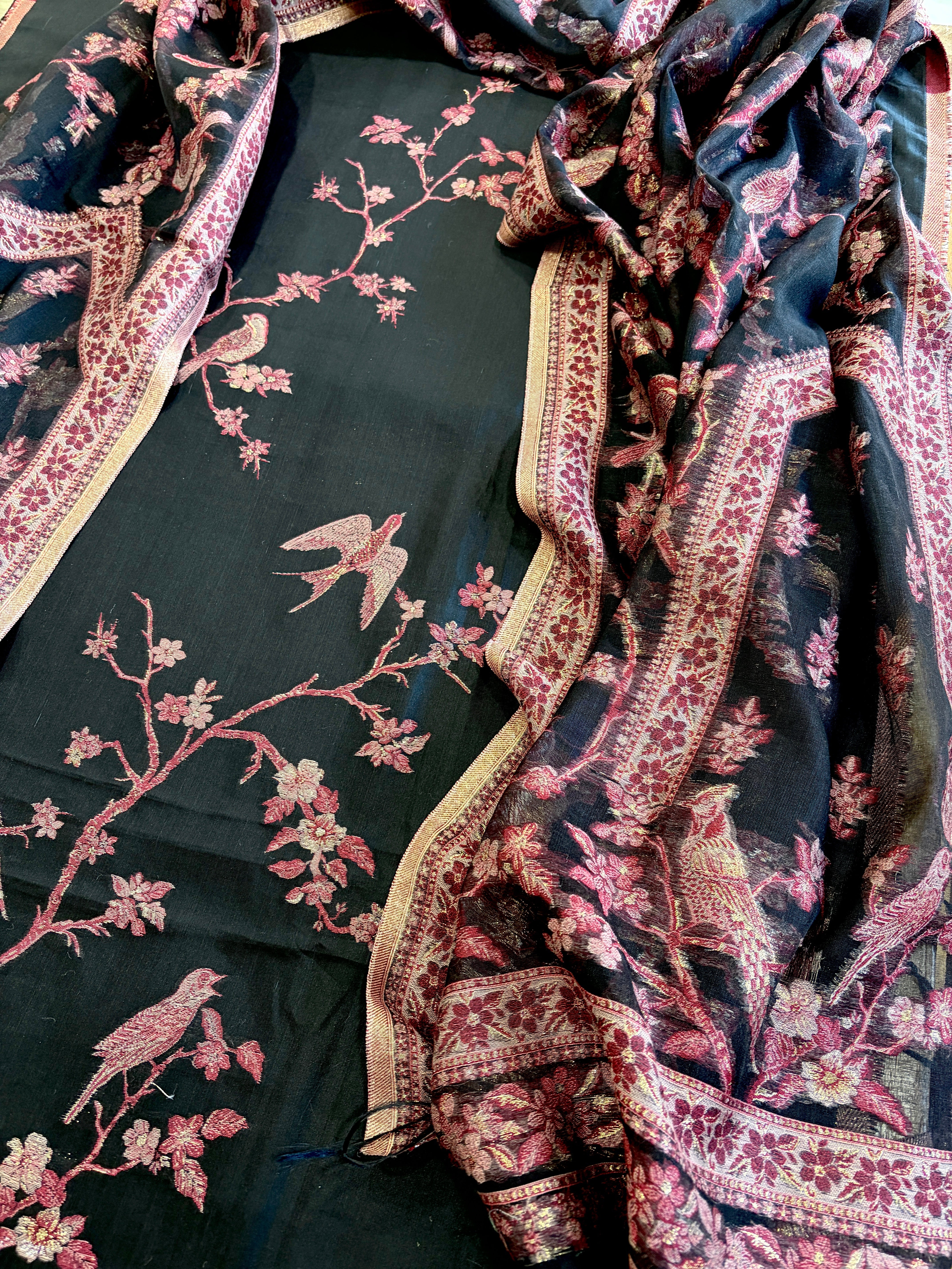 Black Suit Set with Handwoven Kaani and Zari in Pure Silk - Masakalee