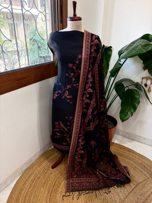 Black Suit Set with Handwoven Kaani and Zari in Pure Silk - Masakalee