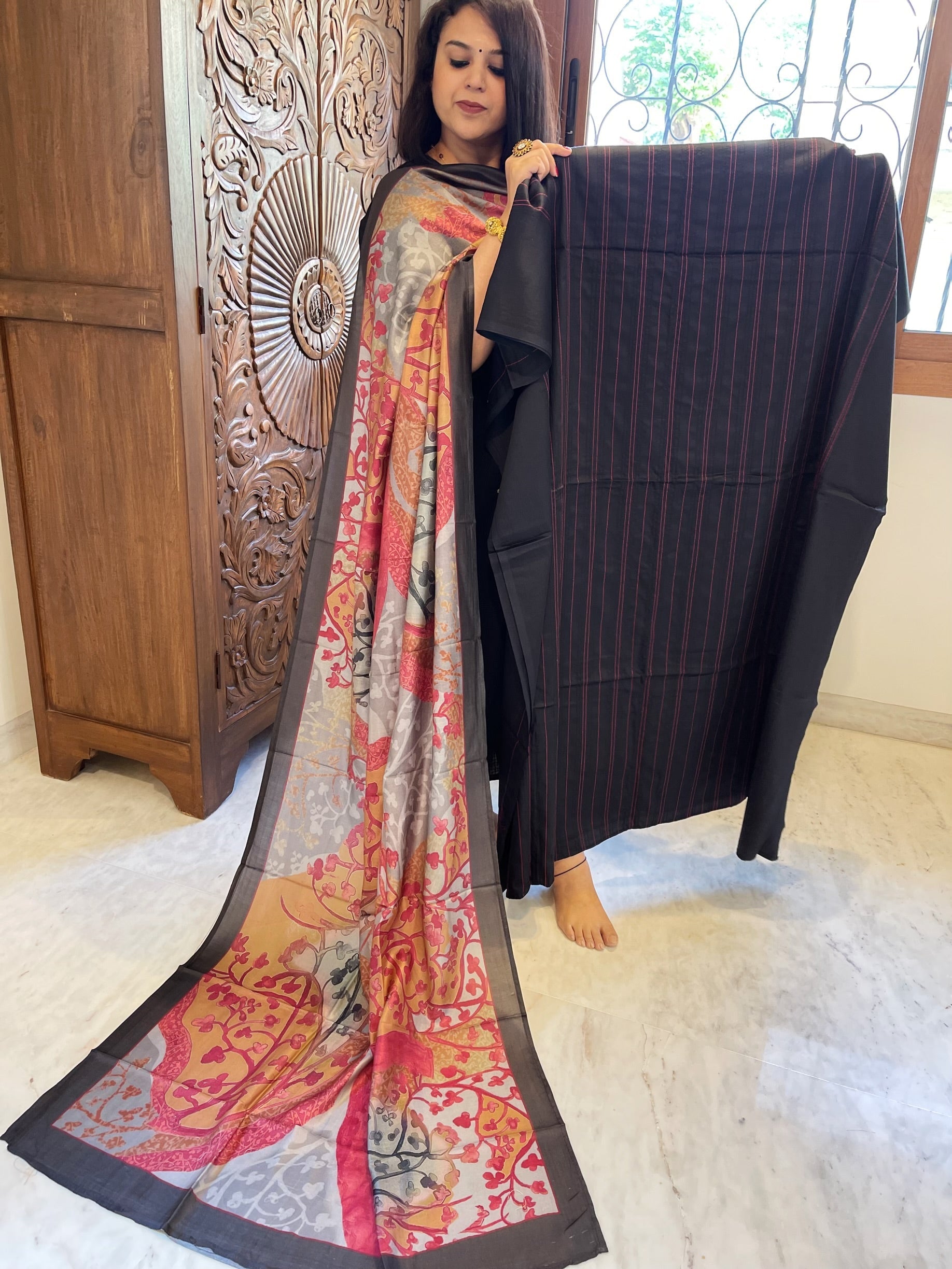 Black Suit Set with Kantha Stitch Work on Glazed Cotton - Masakalee