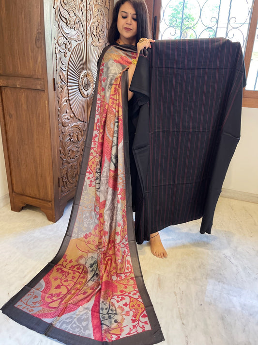 Black Suit Set with Kantha Stitch Work on Glazed Cotton - Masakalee