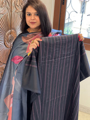 Black Suit Set with Kantha Stitch Work on Glazed Cotton - Masakalee
