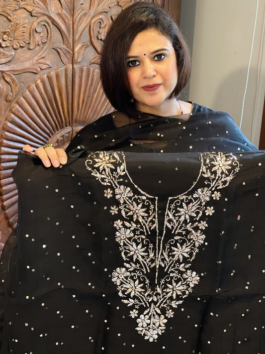 Black Suit Set with Mukaish Badla Handwork in Pure Organza - Masakalee
