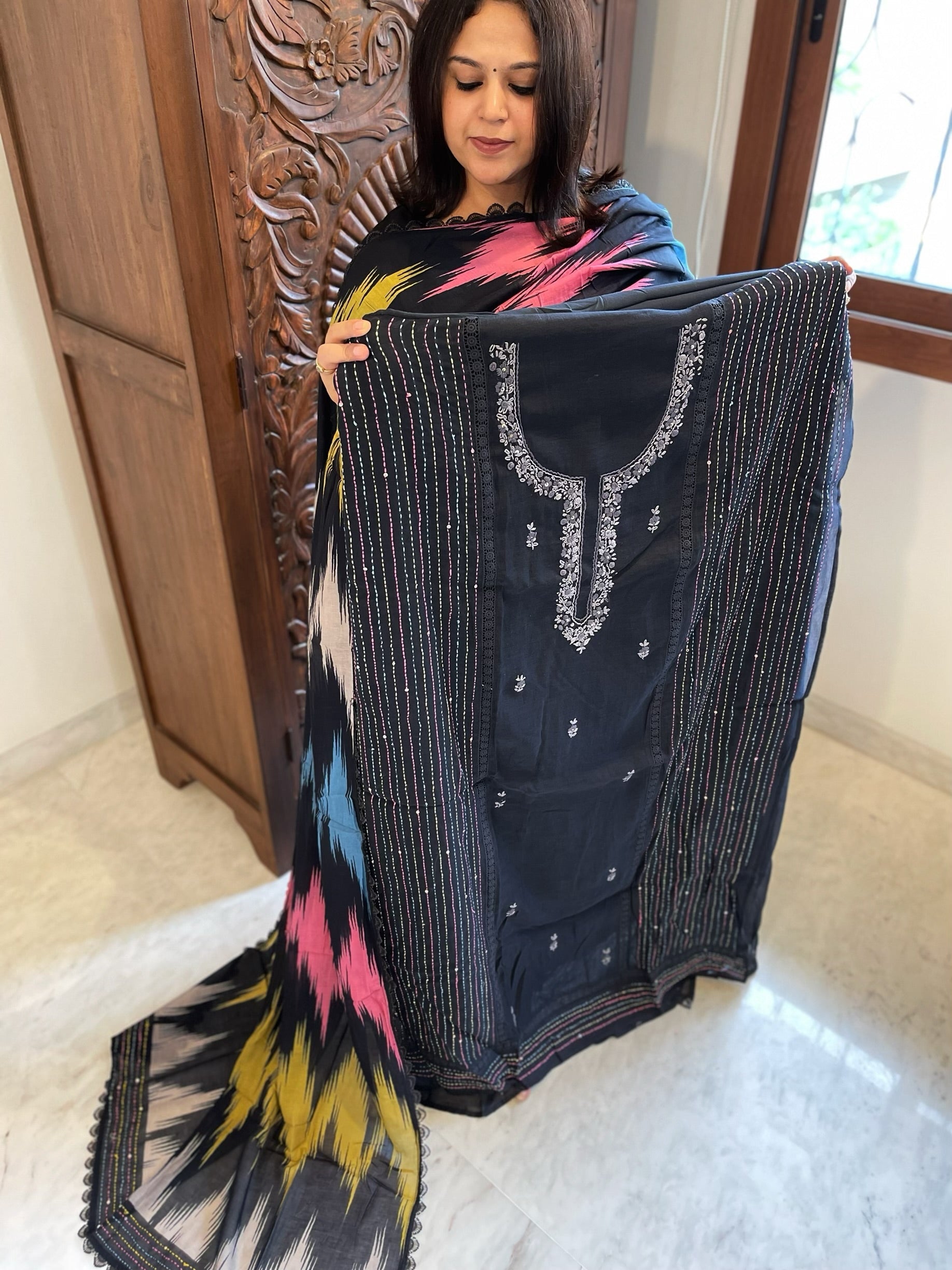 Black Suit Set with Sequin and Knot handwork in Mul Chanderi - Masakalee