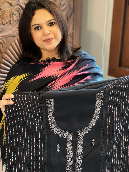 Black Suit Set with Sequin and Knot handwork in Mul Chanderi - Masakalee