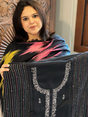 Black Suit Set with Sequin and Knot handwork in Mul Chanderi - Masakalee