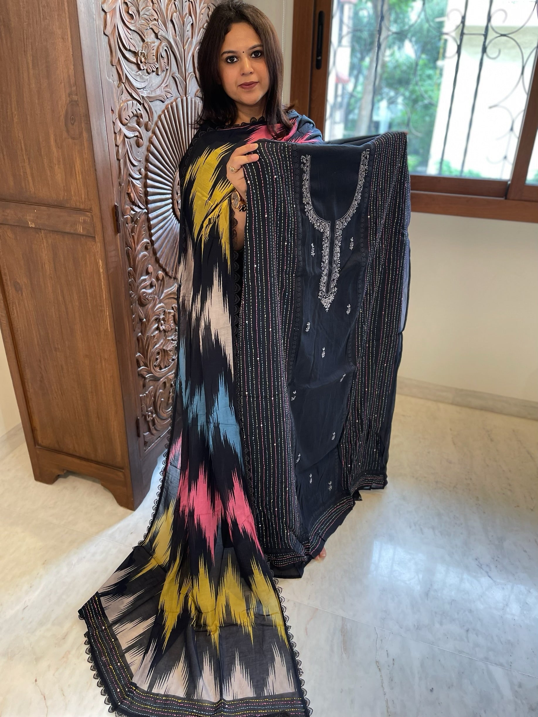Black Suit Set with Sequin and Knot handwork in Mul Chanderi - Masakalee